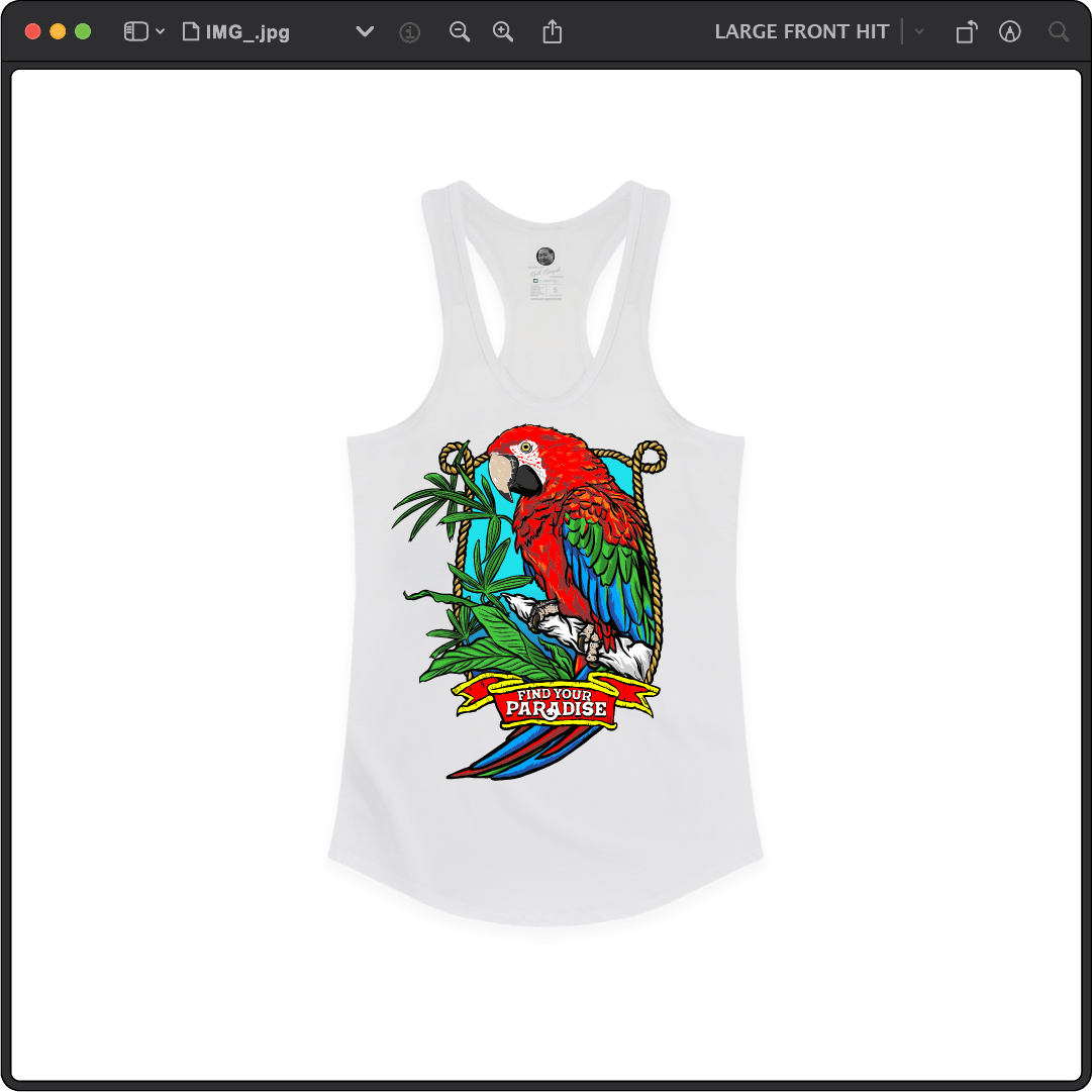 Z_DROPPED - Womens - White - Parrot Paradise Racer Back Tank. - By: Keith Kuniyuki