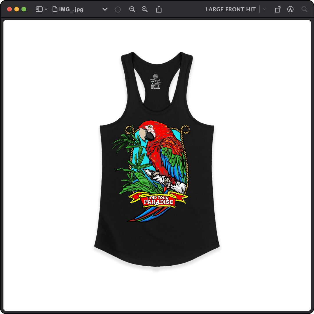 Z_DROPPED - Womens - Black - Parrot Paradise Racer Back Tank. - By: Keith Kuniyuki