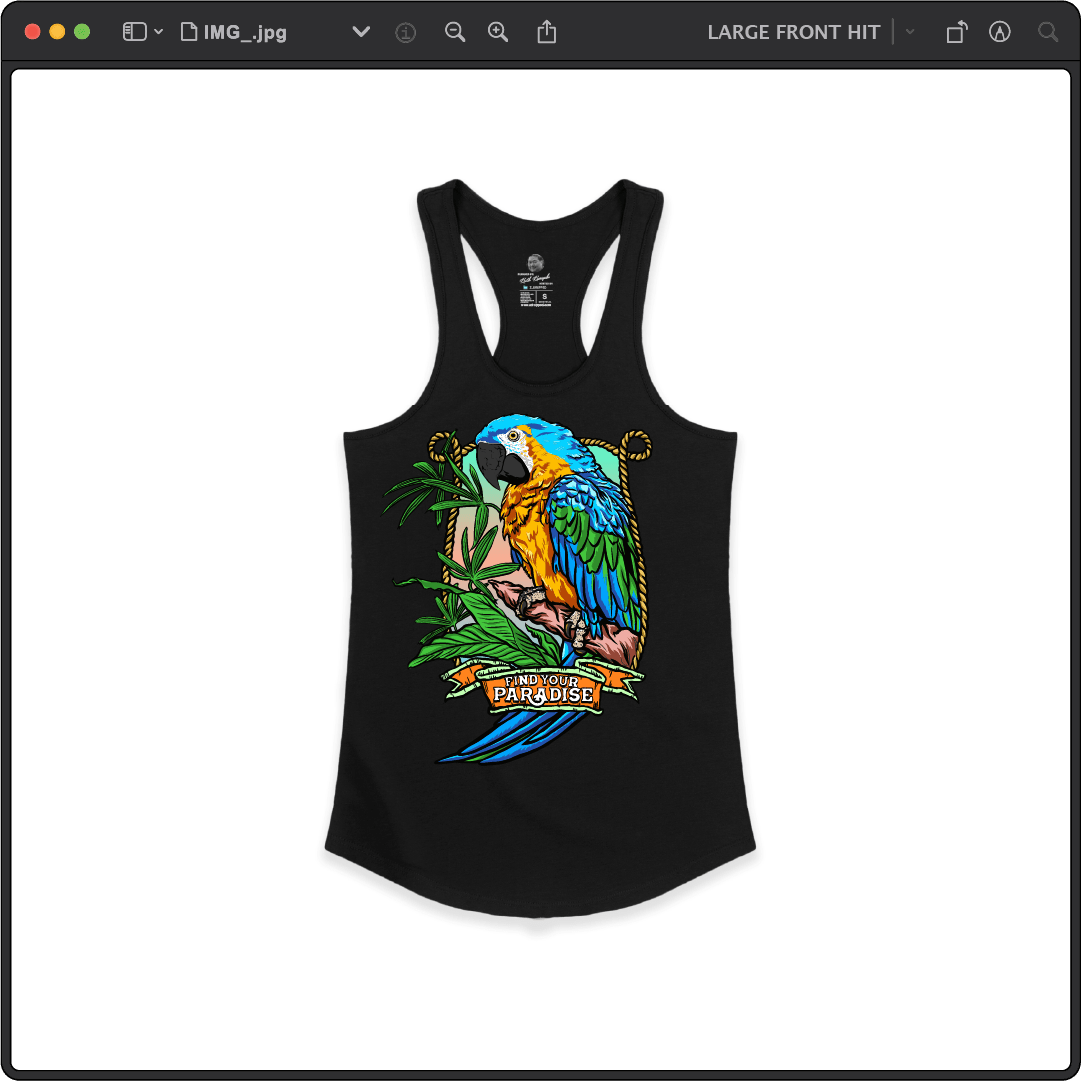 Z_DROPPED - Womens - Black - Parrot Paradise Racer Back Tank. - By: Keith Kuniyuki