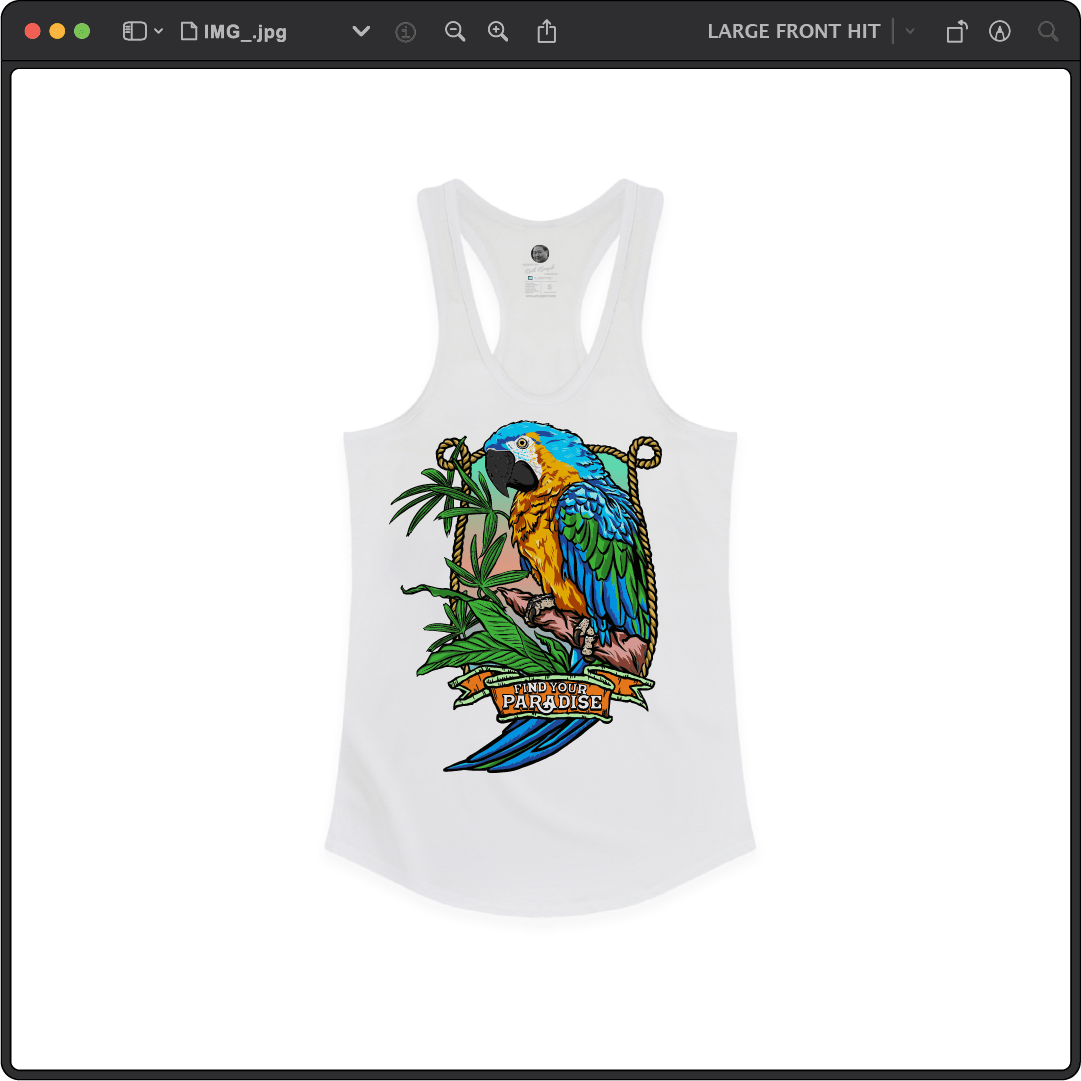 Z_DROPPED - Womens - White - Parrot Paradise Racer Back Tank. - By: Keith Kuniyuki