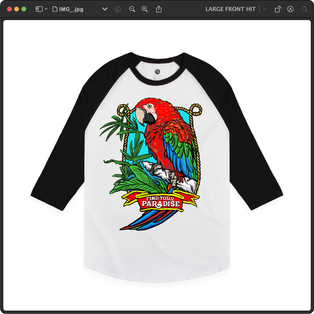 Z_DROPPED - Mens, Unisex - White / Black - Parrot Paradise Raglan. - By: Keith Kuniyuki