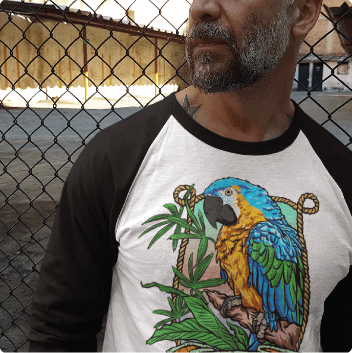 Z_DROPPED - Mens, Unisex - White / Black - Parrot Paradise Raglan. - By: Keith Kuniyuki