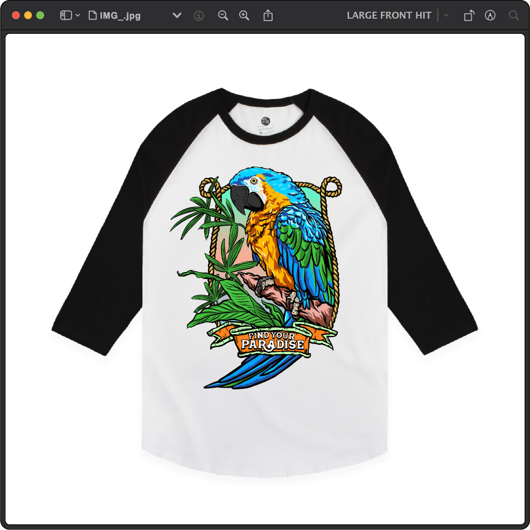 Z_DROPPED - Mens, Unisex - White / Black - Parrot Paradise Raglan. - By: Keith Kuniyuki