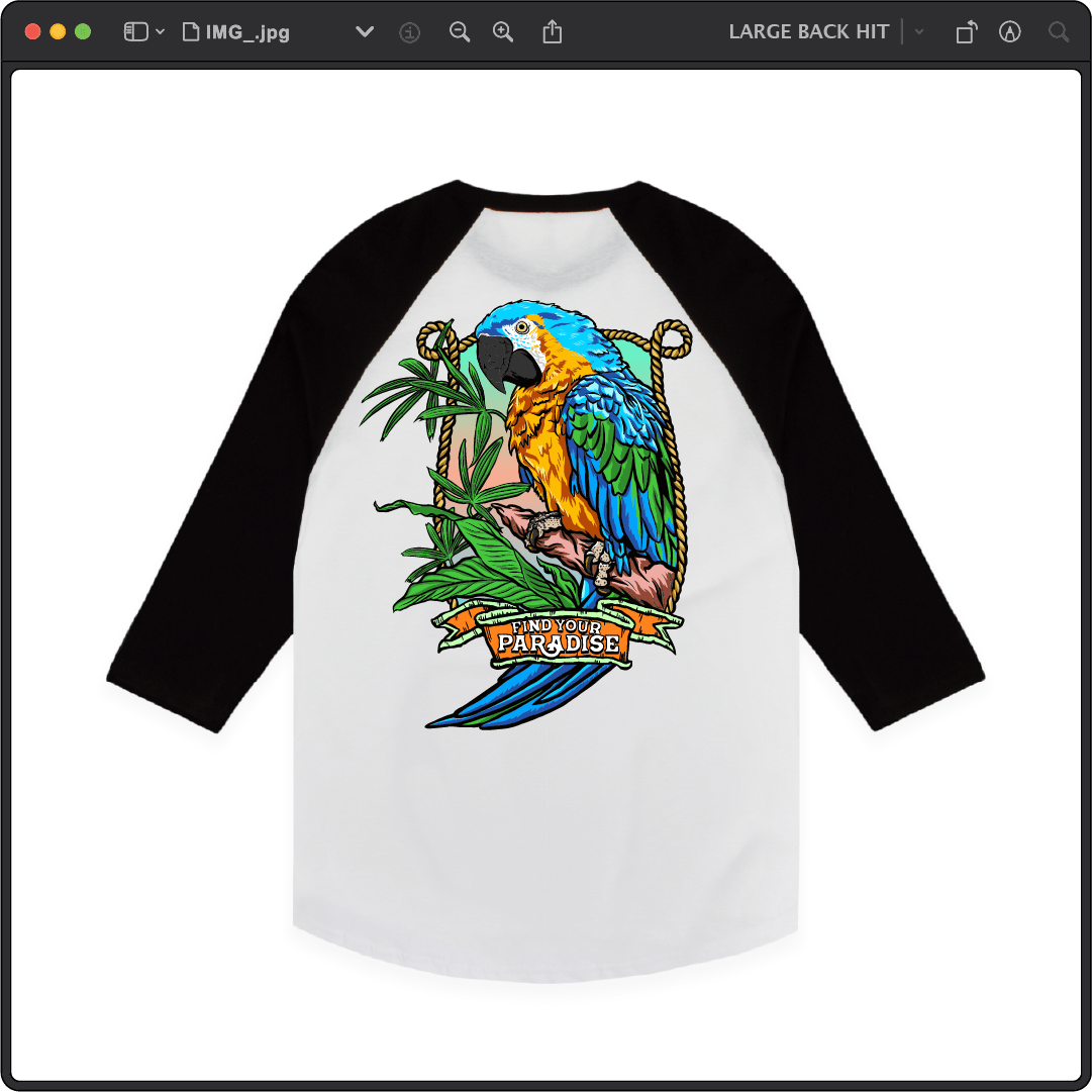 Z_DROPPED - Mens, Unisex - White / Black - Parrot Paradise Raglan. - By: Keith Kuniyuki