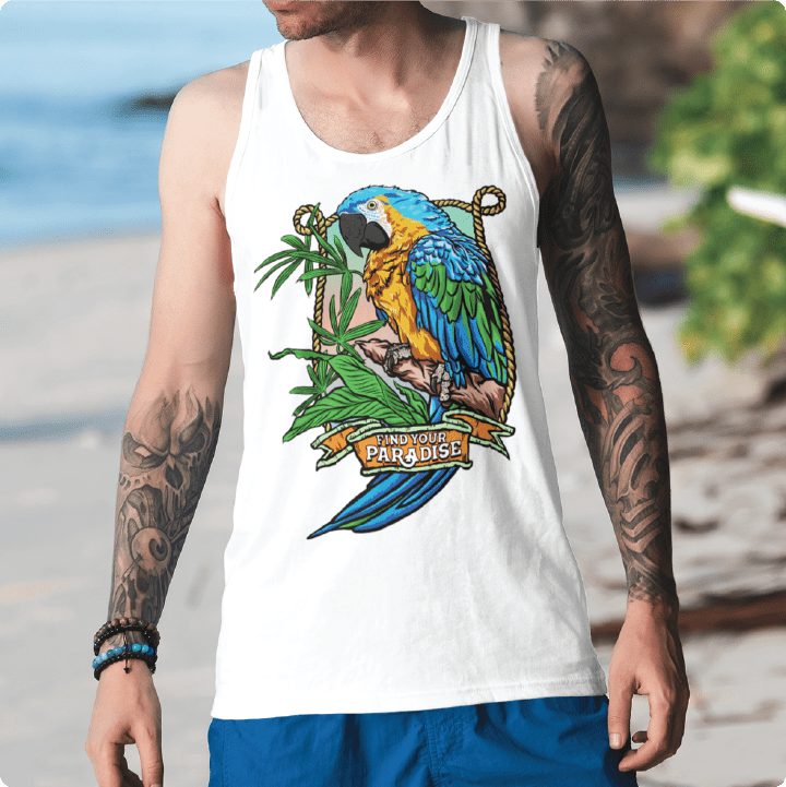 Z_DROPPED - Mens, Unisex - White - Parrot Paradise Tank Top. - By: Keith Kuniyuki