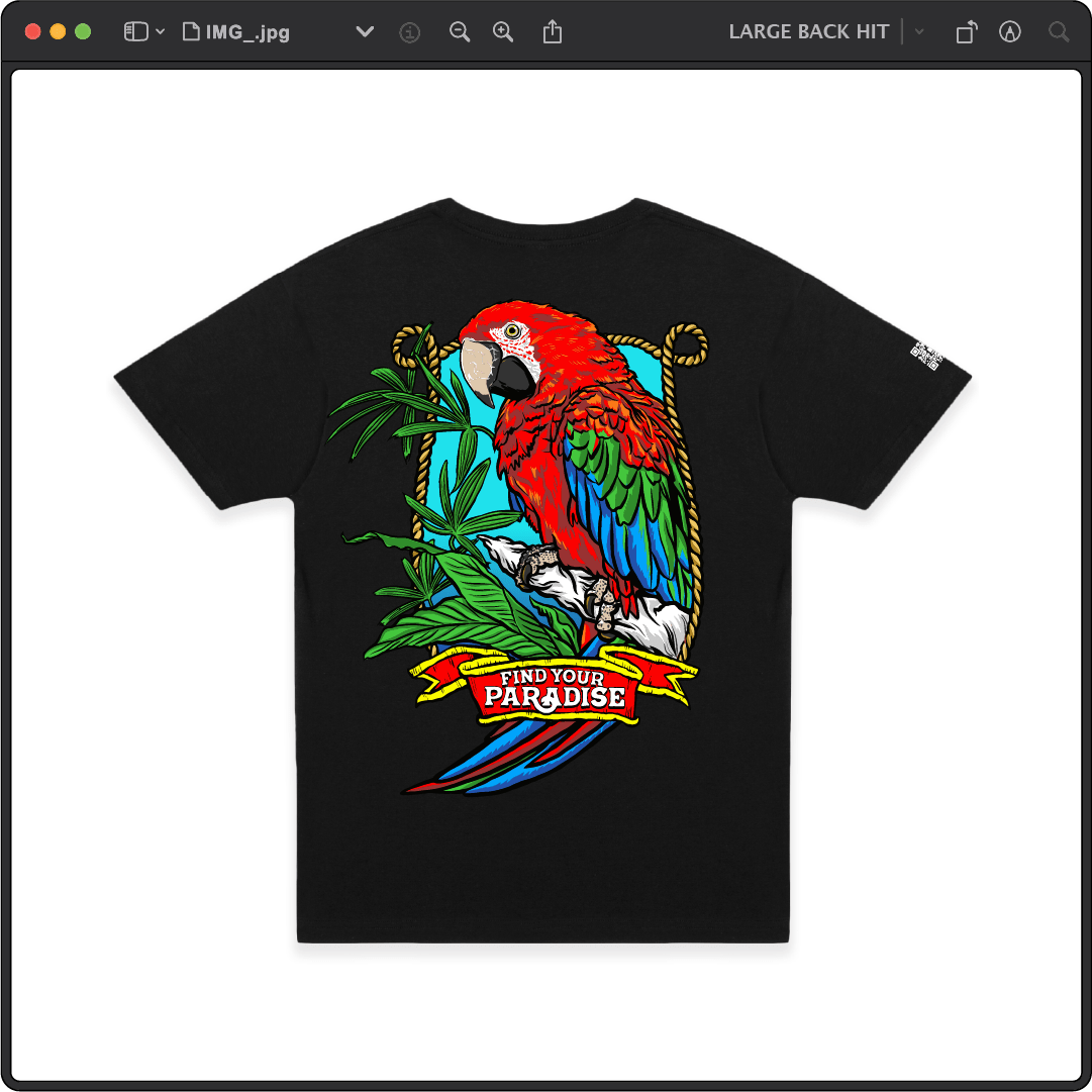 Z_DROPPED - Mens, Unisex - Black - Parrot Paradise Tee. - By: Keith Kuniyuki