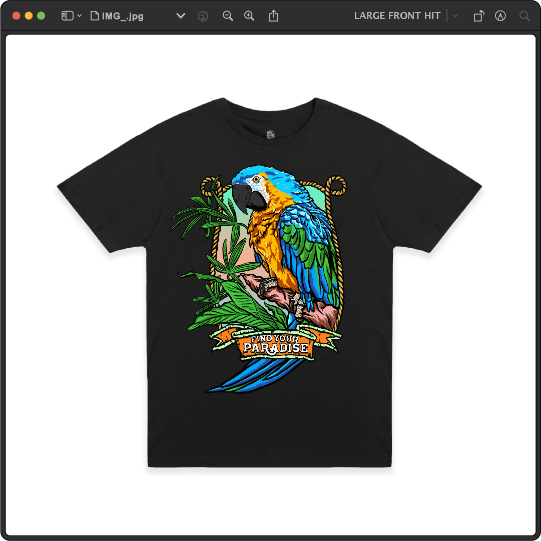 Z_DROPPED - Mens, Unisex - Black - Parrot Paradise Tee. - By: Keith Kuniyuki