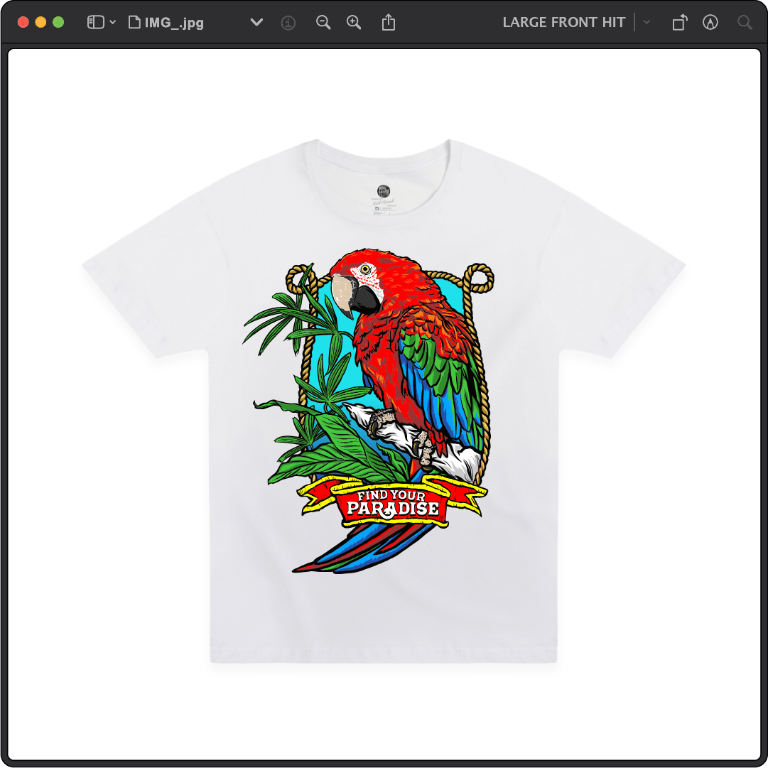 Z_DROPPED - Mens, Unisex - White - Parrot Paradise Tee. - By: Keith Kuniyuki