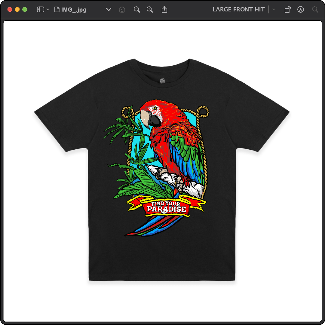 Z_DROPPED - Mens, Unisex - Black - Parrot Paradise Tee. - By: Keith Kuniyuki