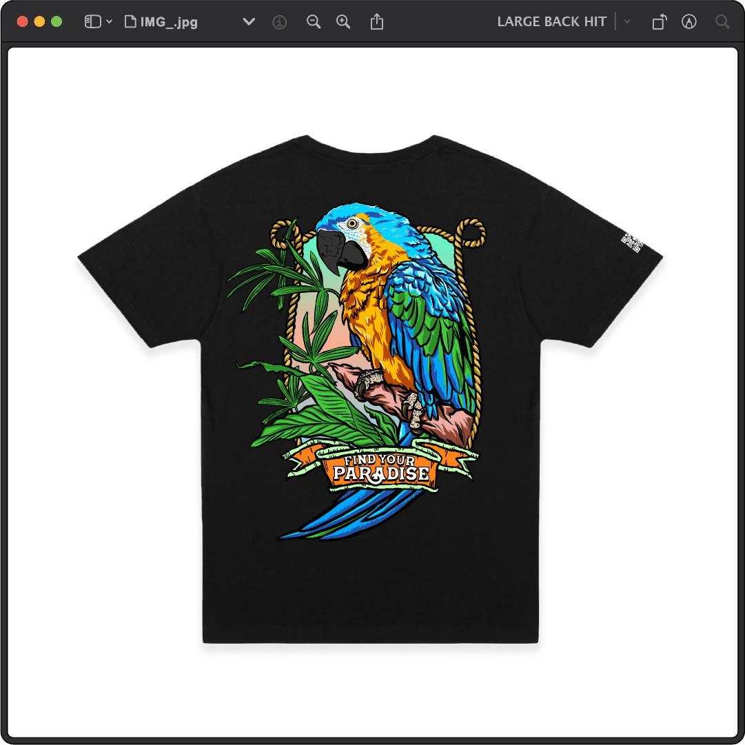 Z_DROPPED - Mens, Unisex - Black - Parrot Paradise Tee. - By: Keith Kuniyuki