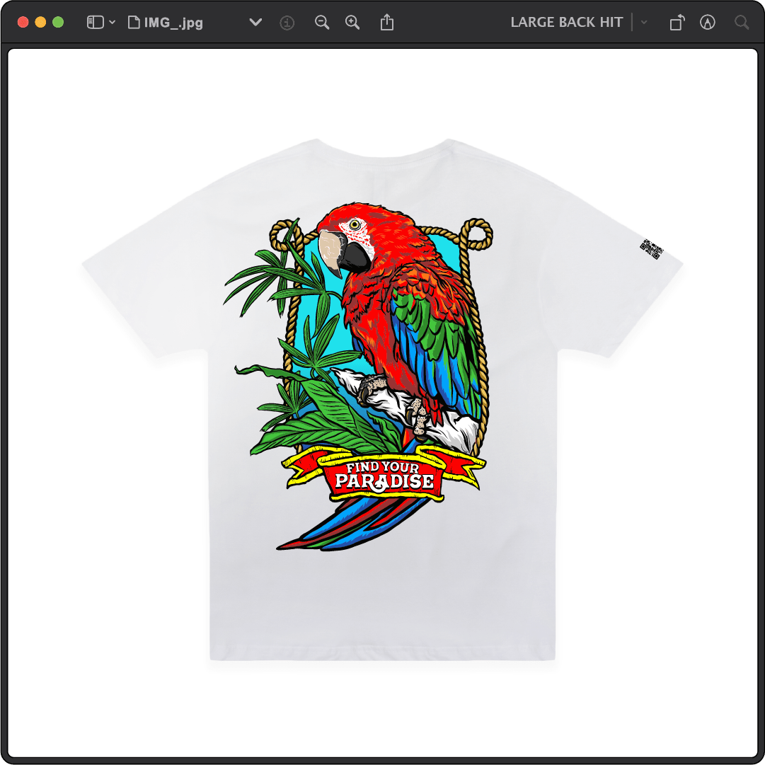 Z_DROPPED - Mens, Unisex - White - Parrot Paradise Tee. - By: Keith Kuniyuki