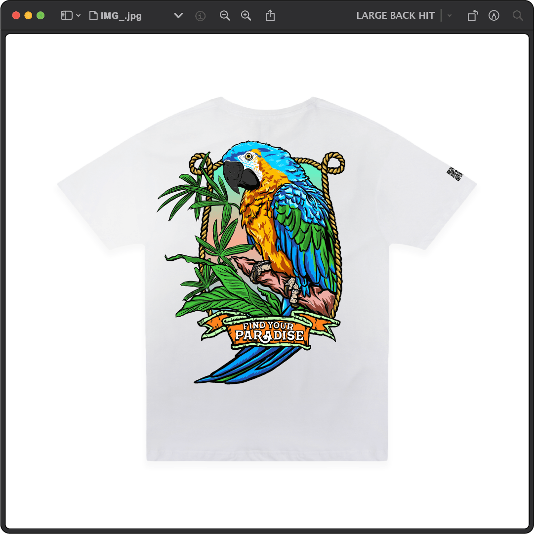 Z_DROPPED - Mens, Unisex - White - Parrot Paradise Tee. - By: Keith Kuniyuki