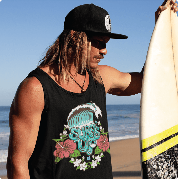 Z_DROPPED - Mens, Unisex - Black - Surf's Up Tank Top. - By: Keith Kuniyuki