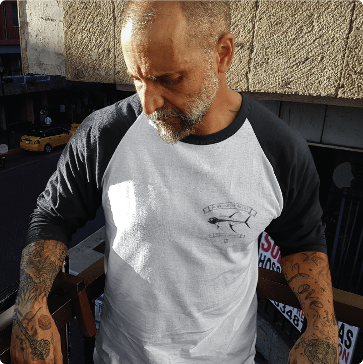 Z_DROPPED - Mens, Unisex - Black / White - Tuna Bones Raglan. - By: Jose Hurtado