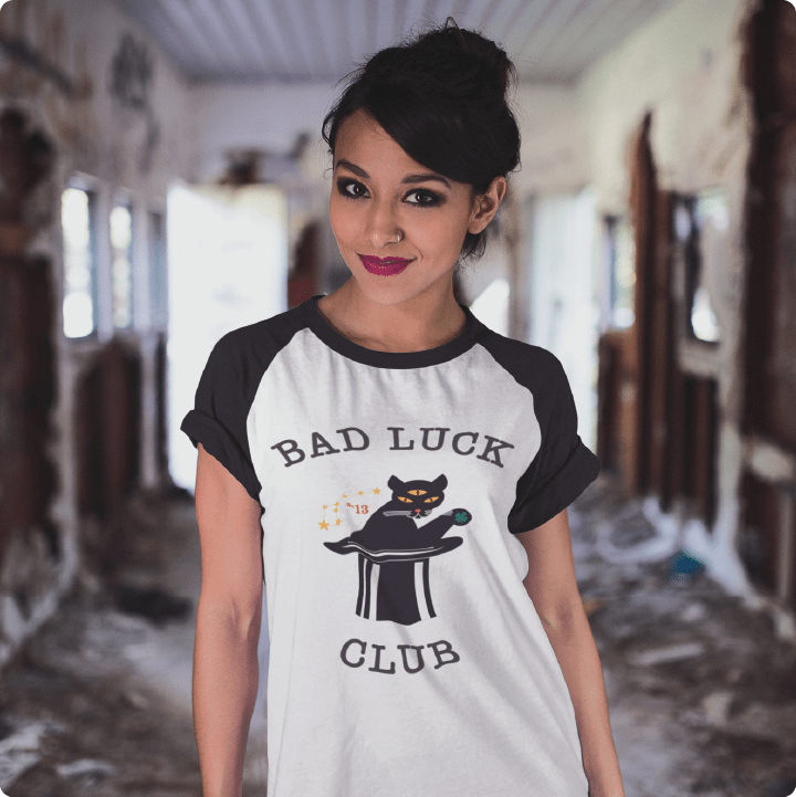 Z_DROPPED - Mens, Unisex, Women - White / Black - Black Cat Raglan. - By: Zed Ropped