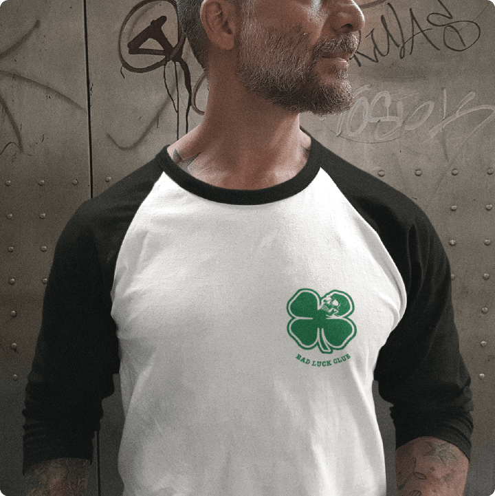 Z_DROPPED - Mens, Unisex, Women - White / Black - Death Clover Raglan. - By: Zed Ropped